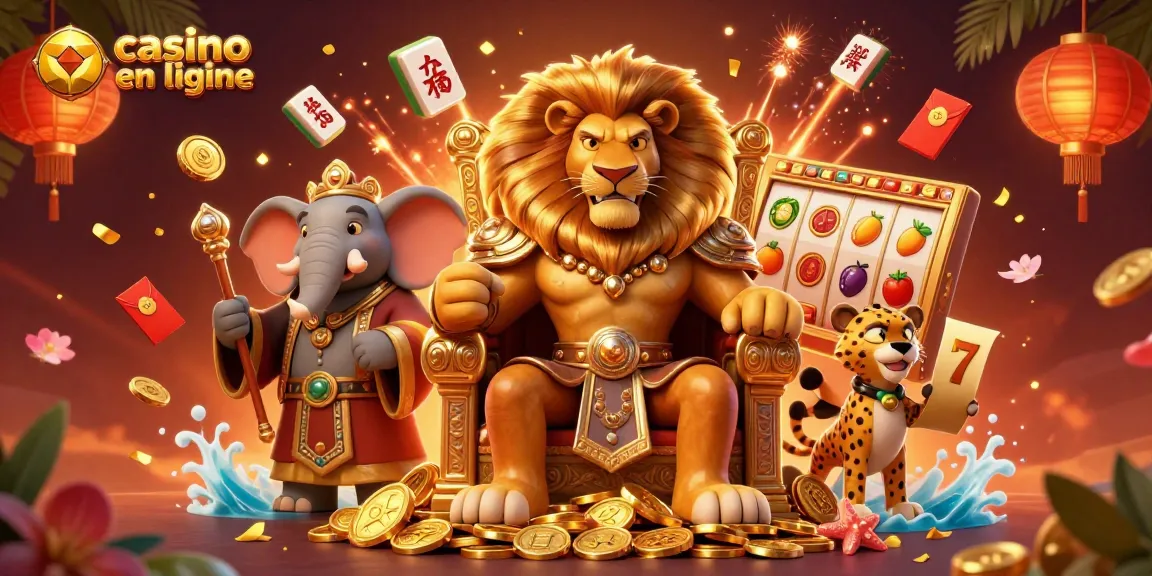 Profitez de l'ambiance animée du casino en ligne avec un roi lion en armure, des rouleaux de machines à sous et des éléments de chance scintillants.