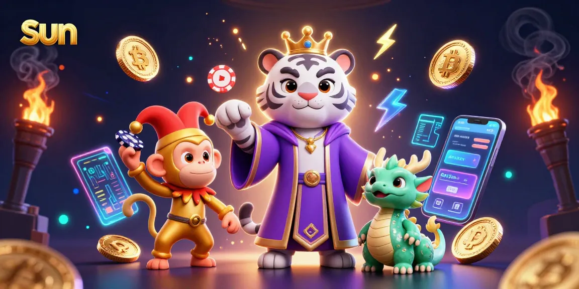 Sun shines on a vibrant casino scene with a white tiger, juggling monkey, and crypto elements.
