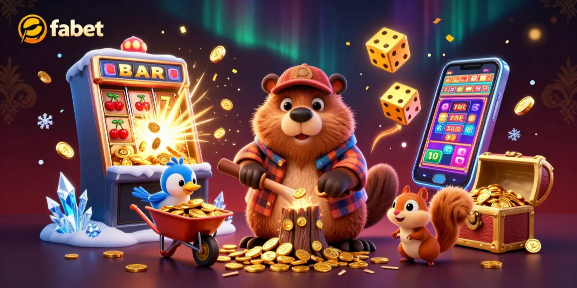 Engage with fabet's thrilling casino adventures, featuring a cartoon beaver collecting golden coins amidst a dynamic gaming scene.
