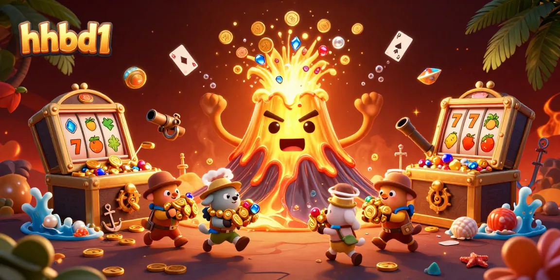 hhbd1 showcases a triumphant golden volcano erupting with treasures, complemented by colorful slot game elements for vibrant gaming action.
