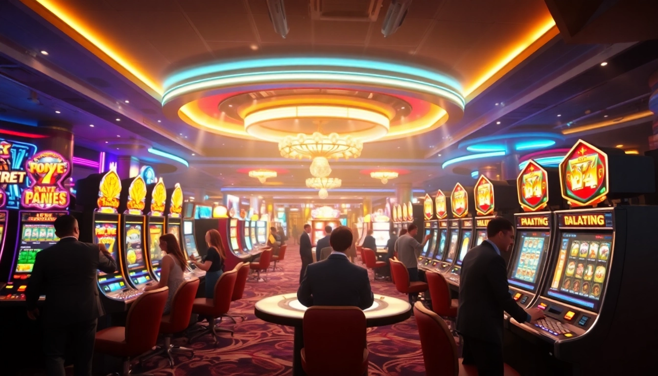 Aktivitas permainan di LOL4D kasino yang menampilkan pemain antusias dan mesin slot yang menyala.