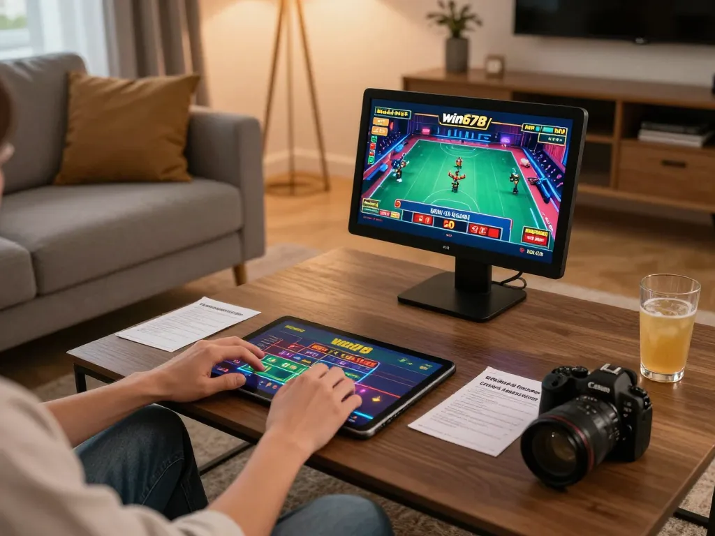 Experience thrilling gameplay with win678 com in a cozy home setting featuring a player using a tablet.