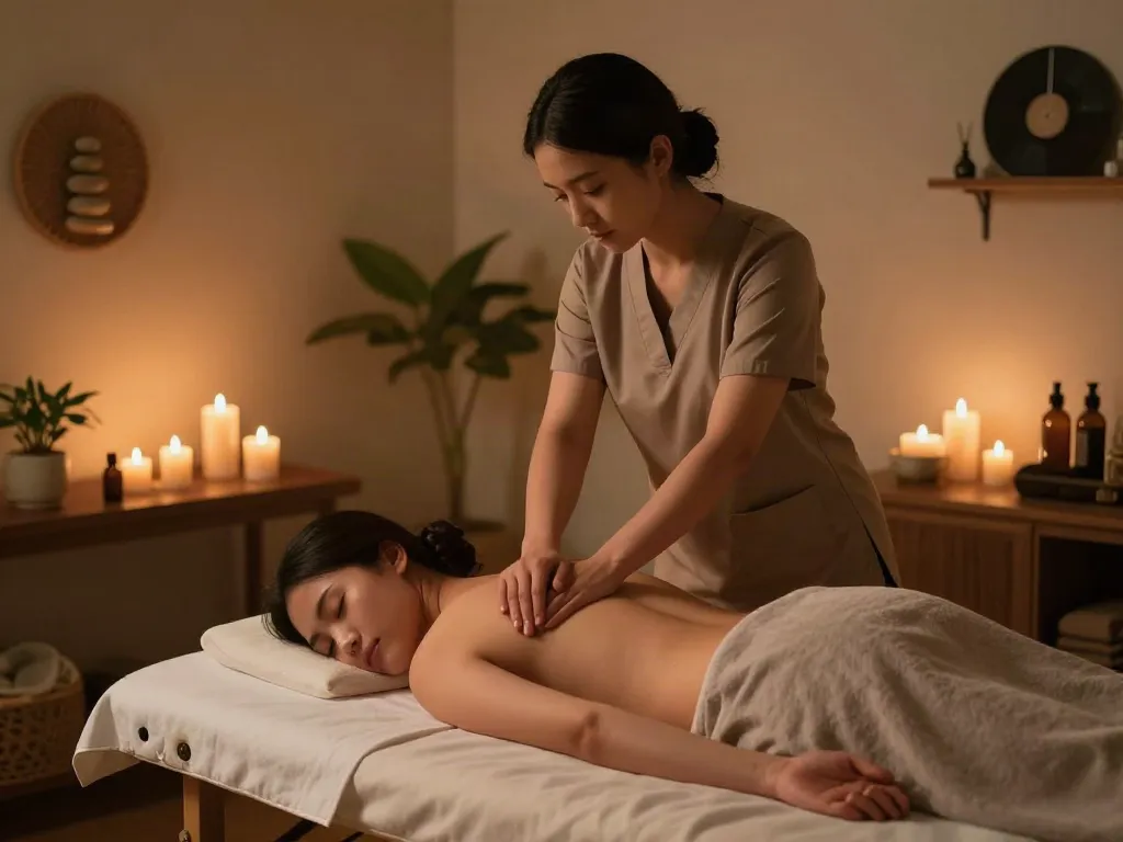 Relaxing 주엽동출장마사지 session in a calming therapy room with ambient lighting and essential oils.
