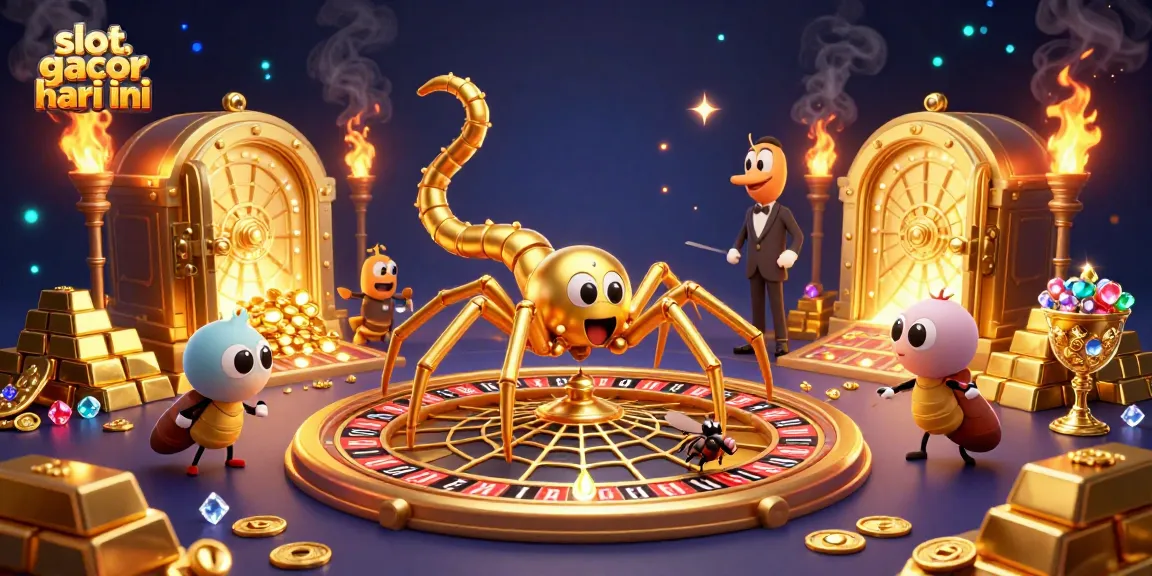 Experience the excitement of slot gacor hari ini as a fly makes bets at a roulette wheel spun by a golden spider.