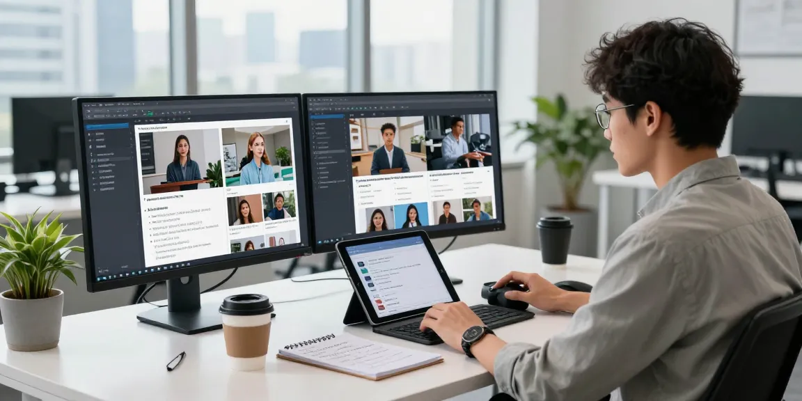 Data analyst using an AI image detector to review images and content in a modern office.