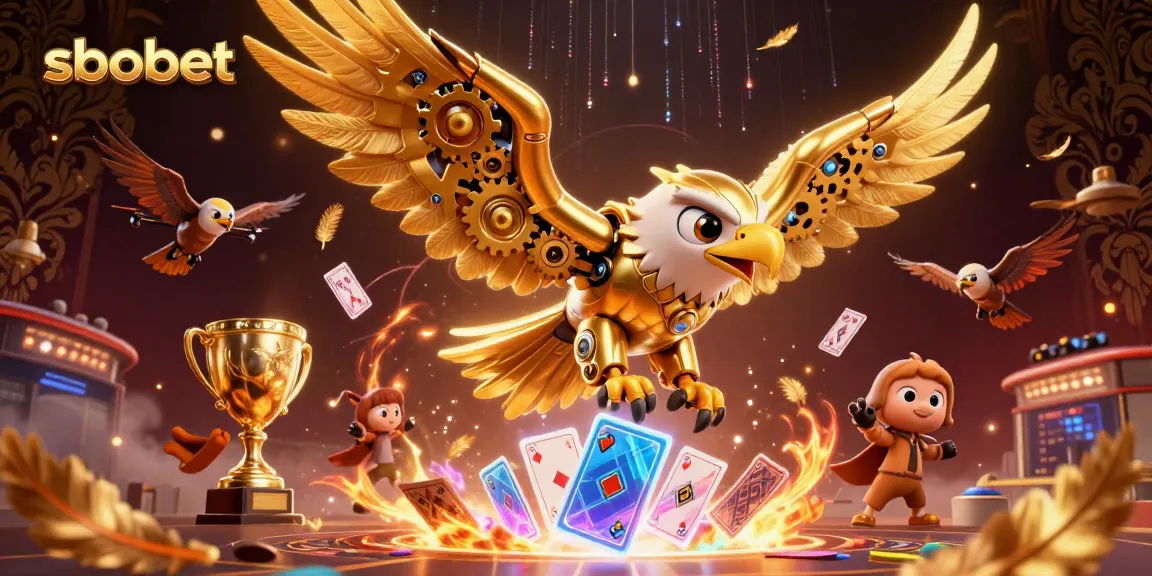 Experience sbobet's sports betting excitement with a golden eagle soaring amidst vibrant game elements.
