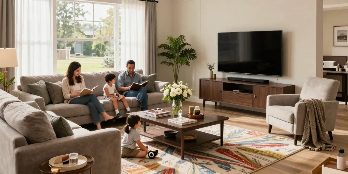Stylish living room setup with cozy furniture and family enjoying time together, featuring depo 5k designs.