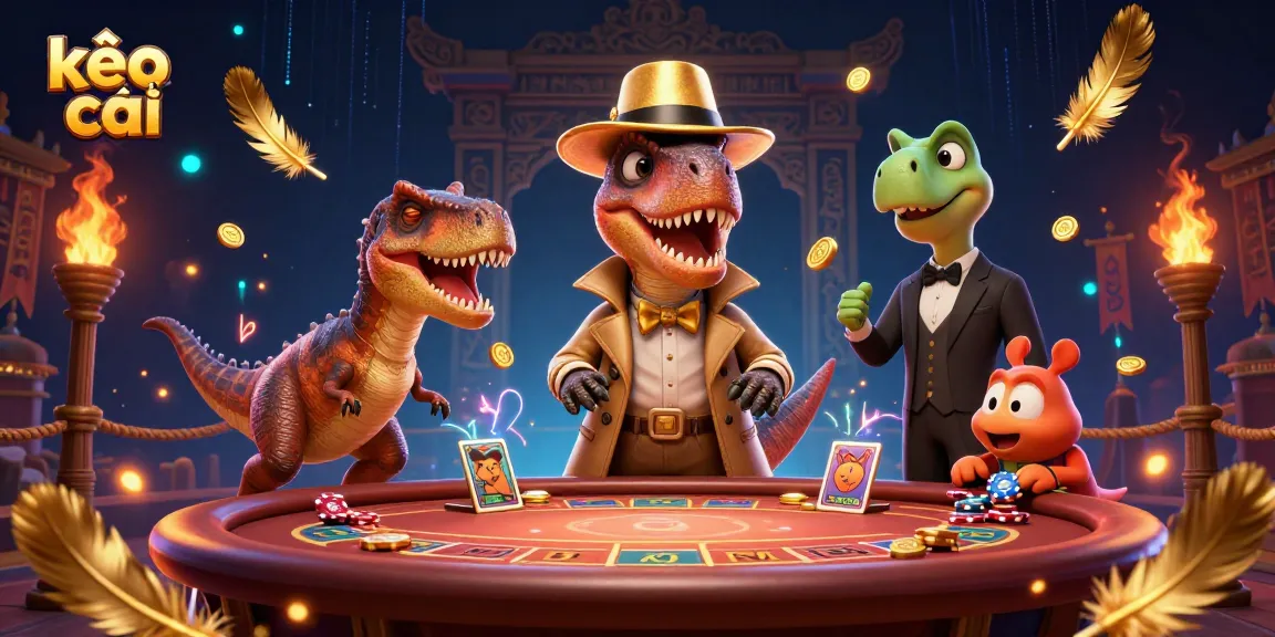 Engage with kèo nhà cái through a humorous scene featuring a velociraptor card counter at a blackjack table.