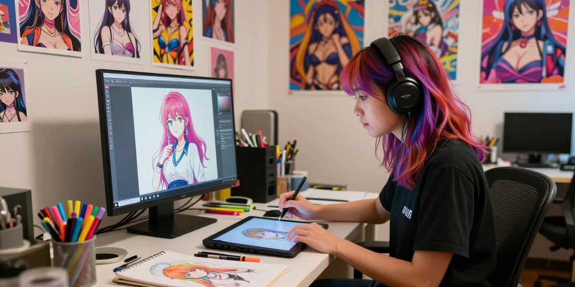 Creating AI ecchi artwork in a vibrant art studio with colorful illustrations.