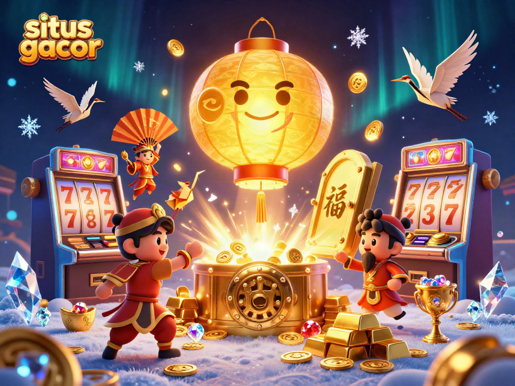 Situs gacor showcases a vibrant 3D casino scene with golden lantern spirit and slot machines.