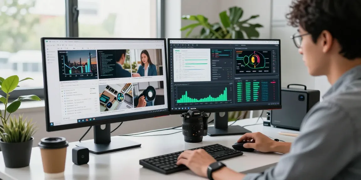 AI detector analysis in a professional tech workspace with dual monitors displaying content moderation results.
