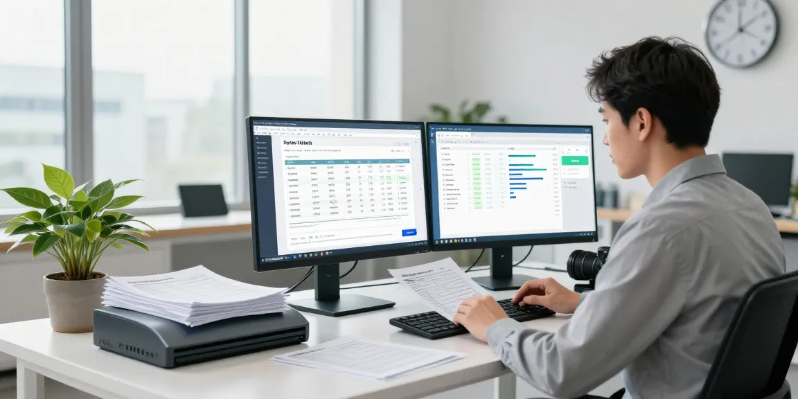 Data analyst utilizing AI to detect fake invoices in a modern workspace.