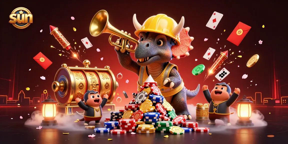 Cheerful triceratops builds with sunlit poker chips, enlivened by celebrated casino elements.