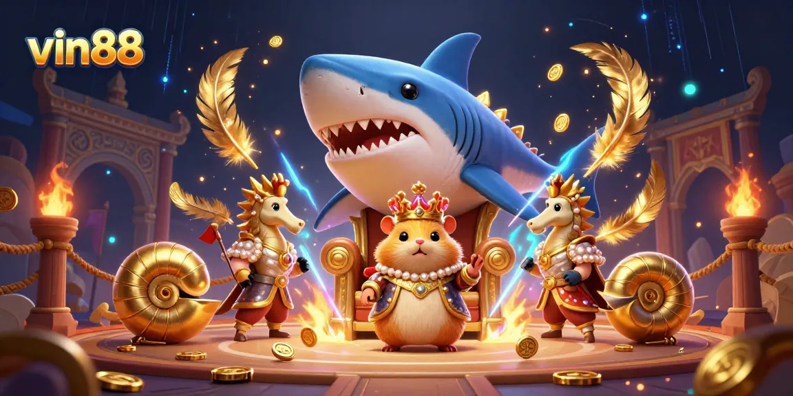 Win big at vin88 with a dynamic scene of a golden hamster king ruling a vibrant gambling arena.