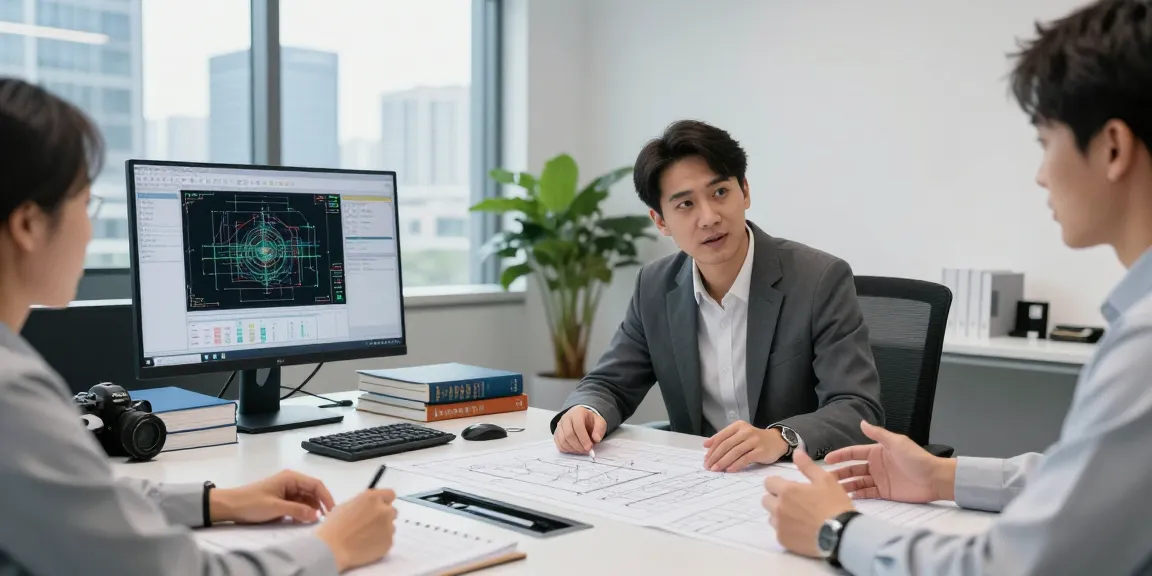 Engaged engineer providing engineering services Missouri in a modern office, reviewing blueprints and consulting with clients.