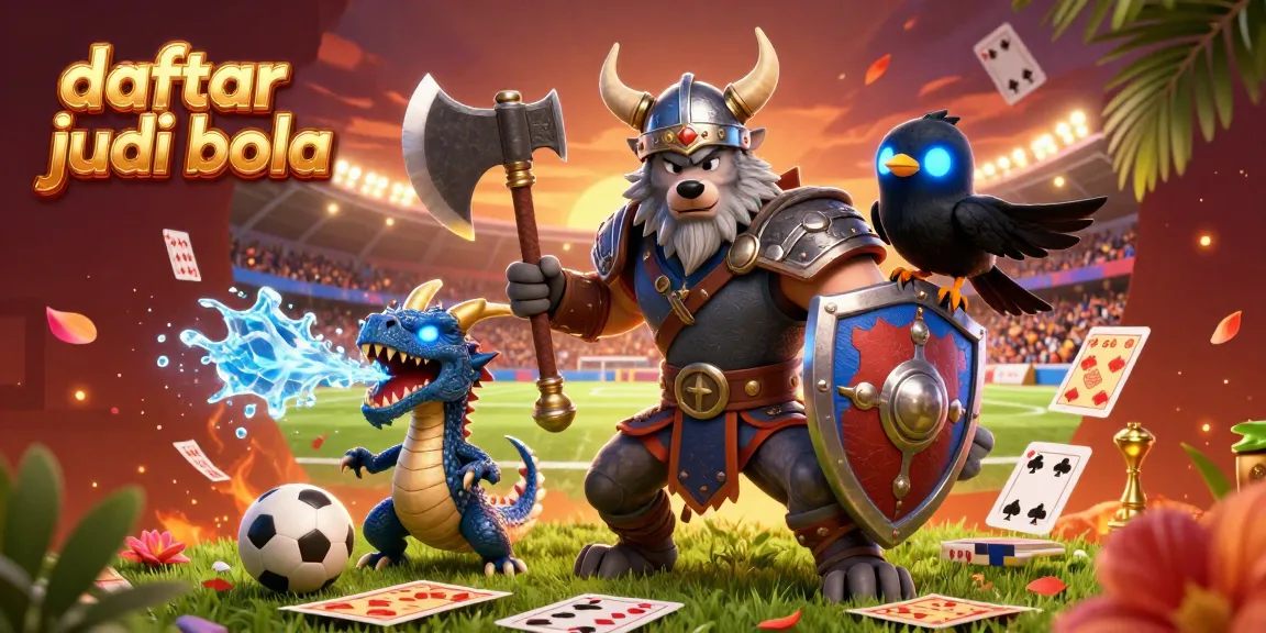 Engage in daftar judi bola with thrilling sports betting elements featuring a Viking warrior and a dragon.
