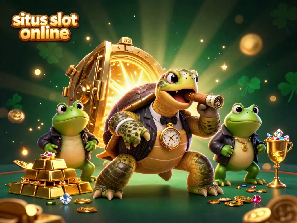 Gambarkan suasana menarik di situs slot online dengan karakter unik dan pencahayaan mewah.