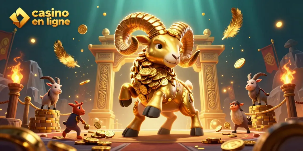 Jouez au casino en ligne avec un décor de ram doré, des jetons et des effets de lumière captivants.