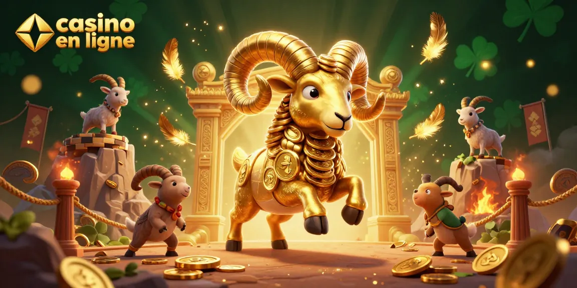 Jouez à casino en ligne avec une illustration dynamique d'un bélier doré chargé vers une porte en or, entouré d'éléments de jeu.