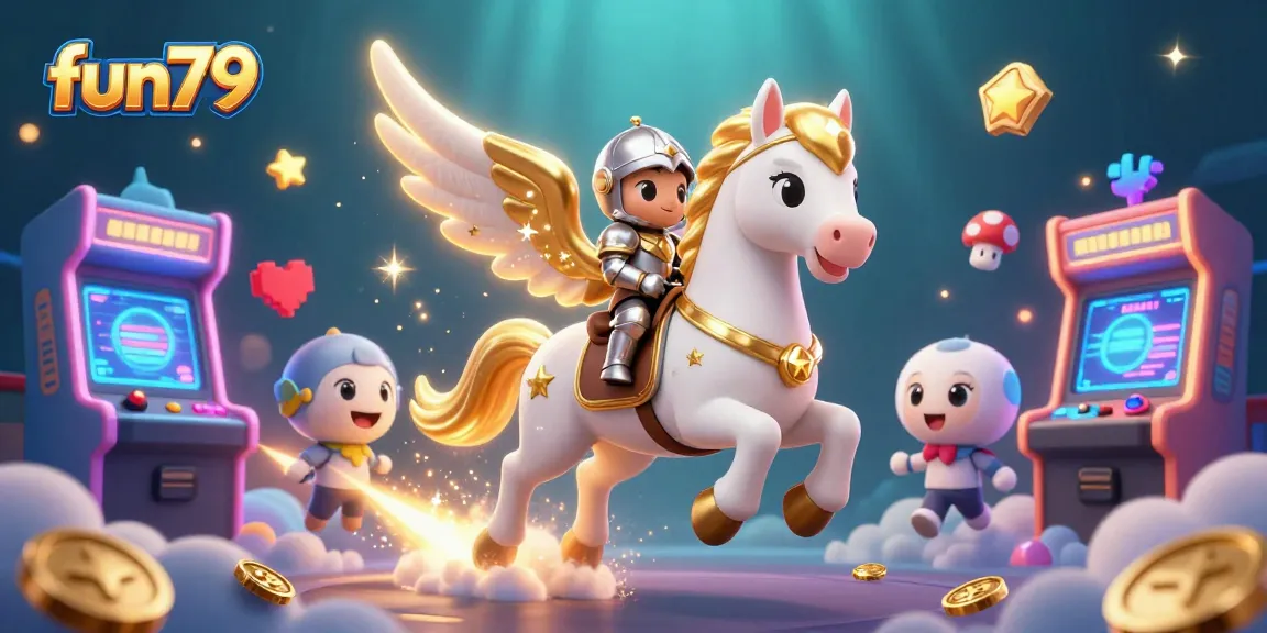 Experience fun79 with a celestial knight, gaming machines, and vibrant casino elements.