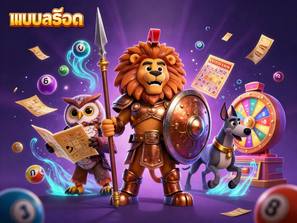 Engage with แบบสล็อต; a stunning 3D scene featuring a heroic lion, tactical owl, and swift greyhound in an immersive casino setting.
