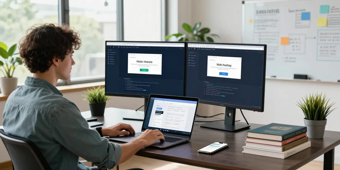 Developer managing web hosting en mexico at a modern office workspace, showcasing technology and productivity.