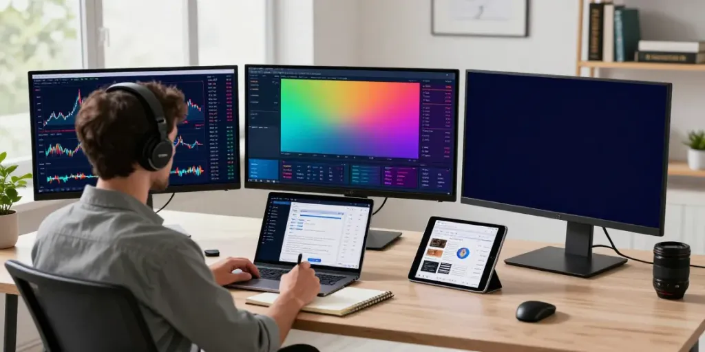 Trader analyzing live charts with TradingView in a modern workspace
