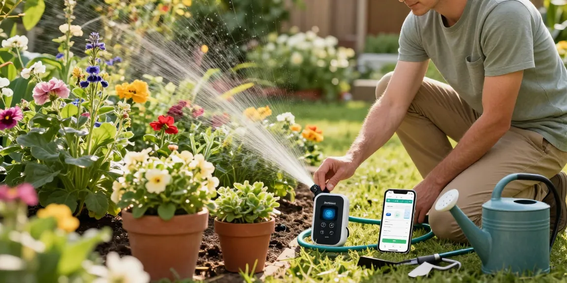 Setting up the RainPoint smart sprinkler controller in a vibrant garden.