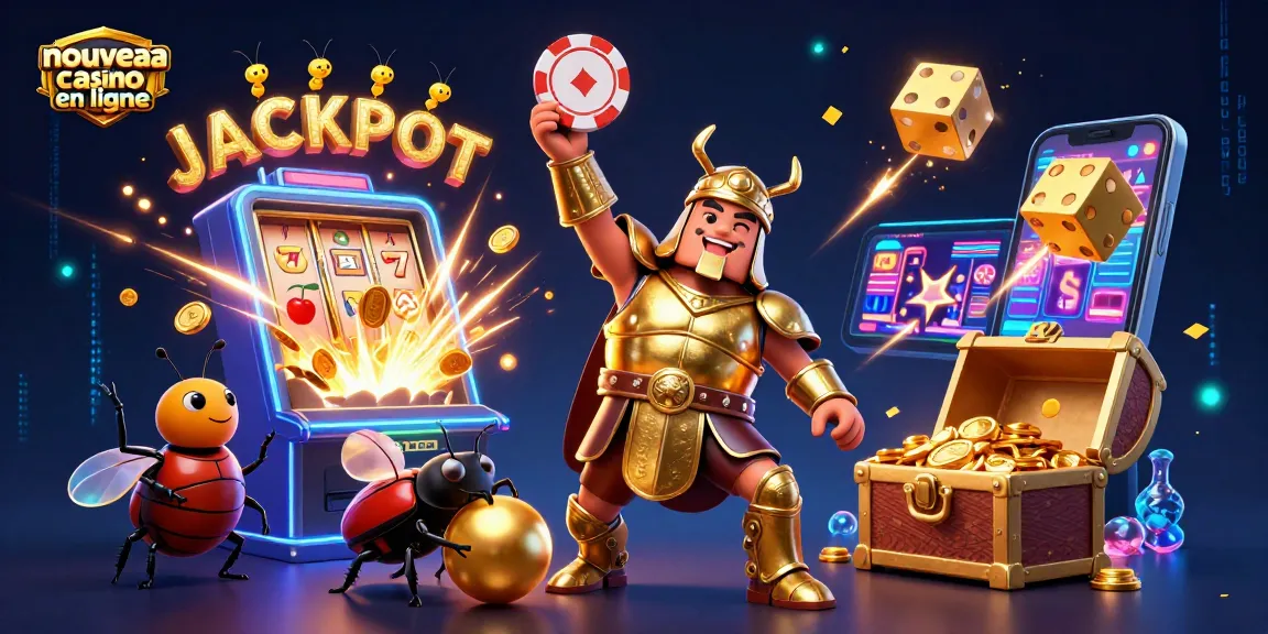 Illustration d'un nouveau casino en ligne avec un scarabée en armure portant un jeton de poker et un coffre au trésor débordant d'or.
