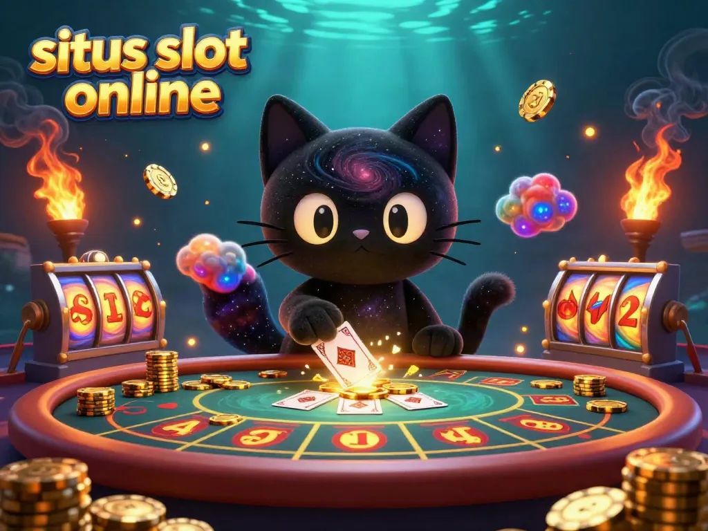 Permainan situs slot online dengan kucing hitam galaksi dan rubah nebula di meja kasino.