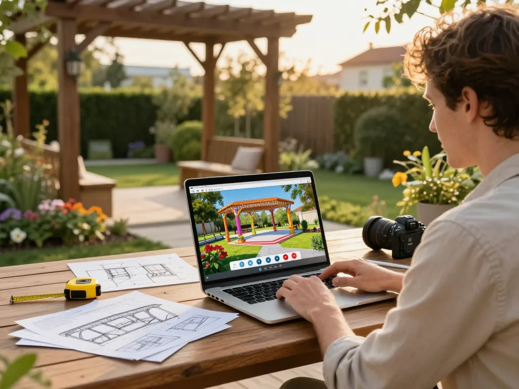 Professional using Pergola Sales Software in a beautiful outdoor setting, showcasing 3D designs on a laptop.