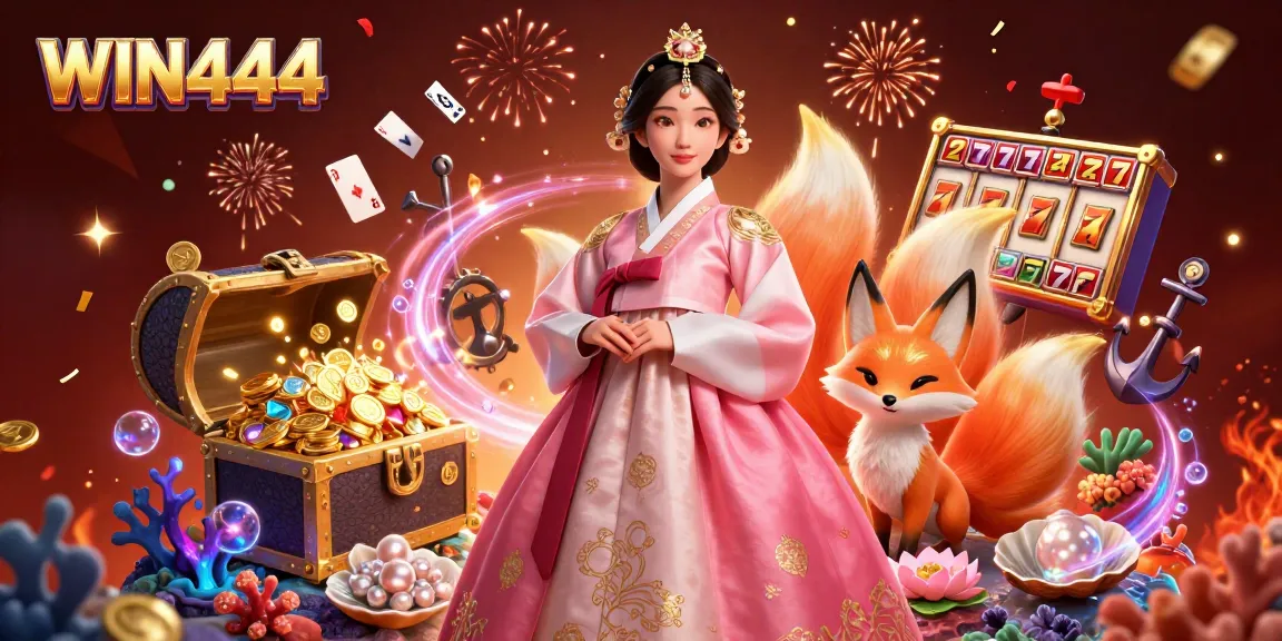 Experience the thrill of WIN444 with captivating game illustrations featuring a graceful Asian woman and lucky fox.