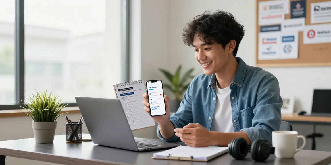Young professional managing job alerts in a modern home office, showcasing productivity tools and a positive workspace