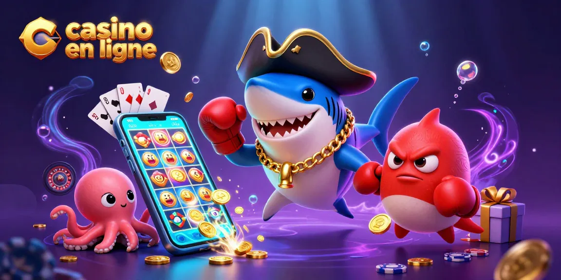 Jouez sur un casino en ligne avec une illustration dynamique de personnages marins et des jeux de hasard.