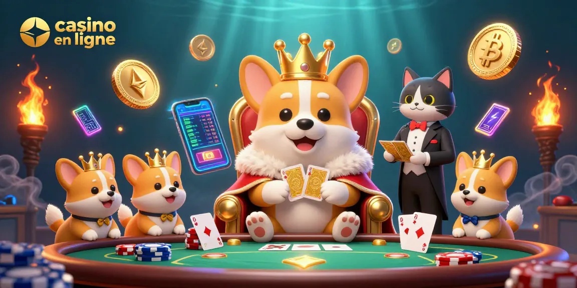 Jouez dans un casino en ligne avec un corgi royal, un majordome chat et des éléments de poker.