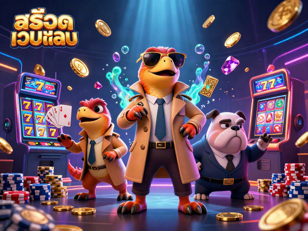 Engage with สล็อตเว็บตรง as raptors in disguise try to enter a VIP casino, surrounded by dynamic gaming elements.