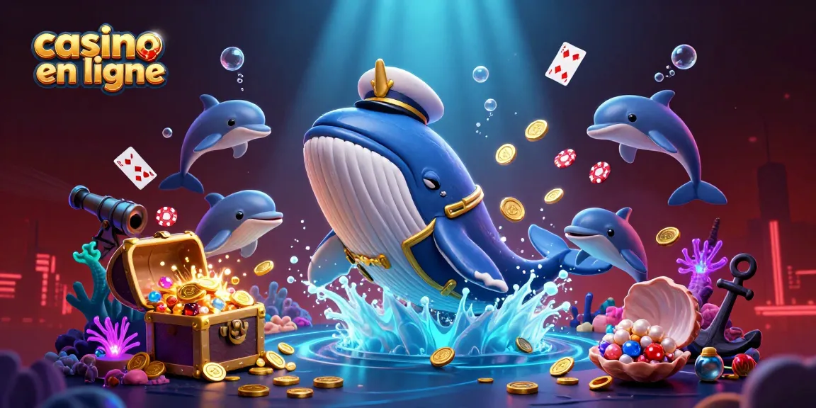 Plongez dans l'univers des casinos en ligne avec cette illustration vibrante mettant en scène une baleine et des dauphins.