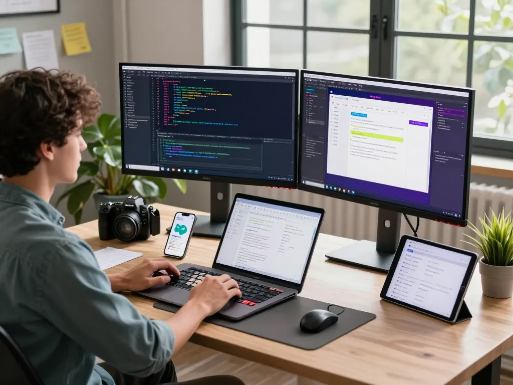 A developer using moltbot ai in a modern workspace with coding on dual monitors and tech gadgets, showcasing productivity.