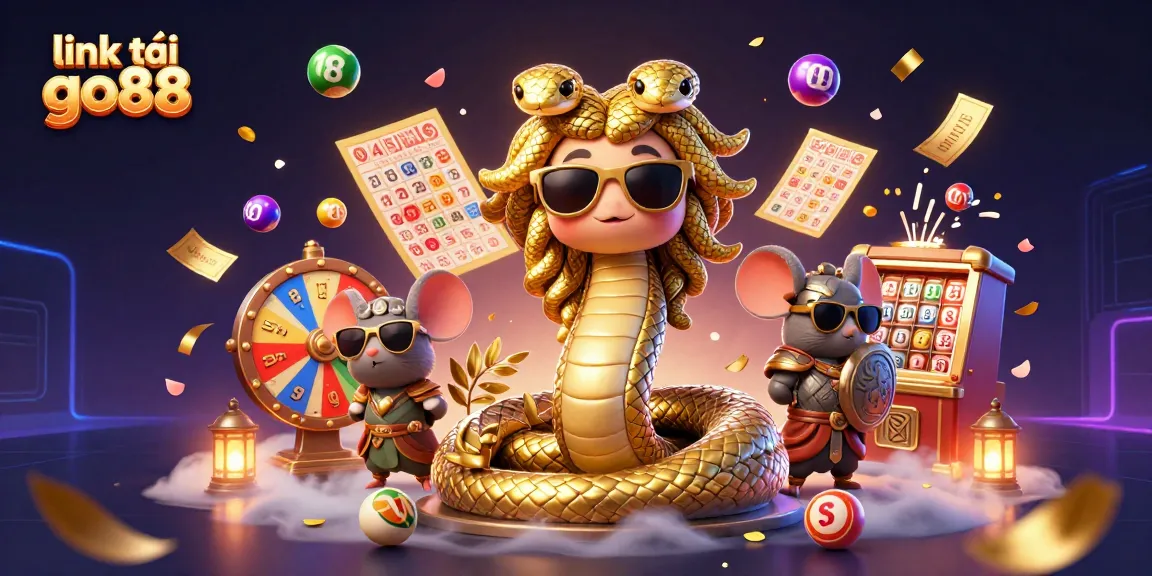 Engage with link tải go88 through a vibrant 3D scene featuring Medusa and a warrior mouse amongst dynamic lottery elements.