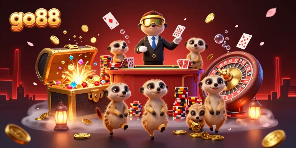 Experience the excitement of go88 with a lively meerkat casino scene, featuring dynamic games and rich decorations.