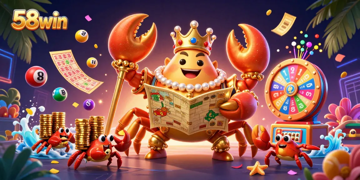 Experience vibrant gaming thrills at 58win with a lively casino illustration featuring a golden crab emperor and exciting game elements.