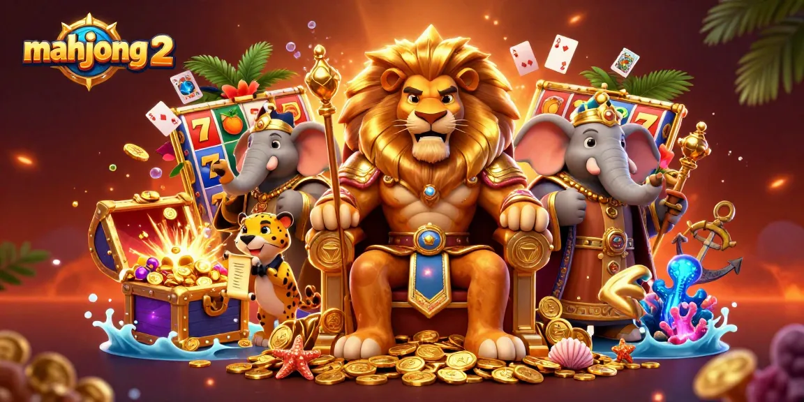 Engage with mahjong 2 in this vibrant 3D scene featuring a regal lion king and dynamic slot elements.