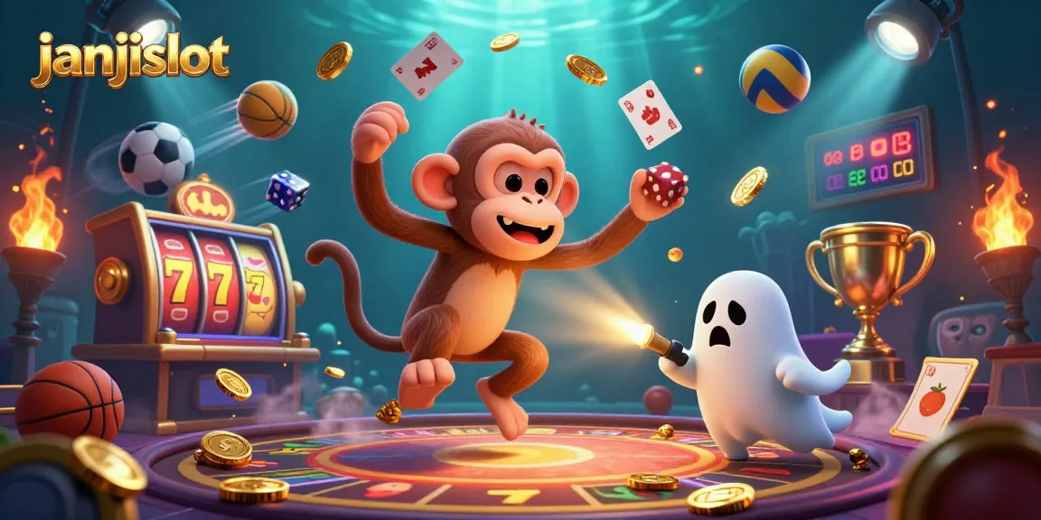 Experience the excitement of janjislot with a dynamic 3D scene showcasing a playful poltergeist monkey and gaming elements.