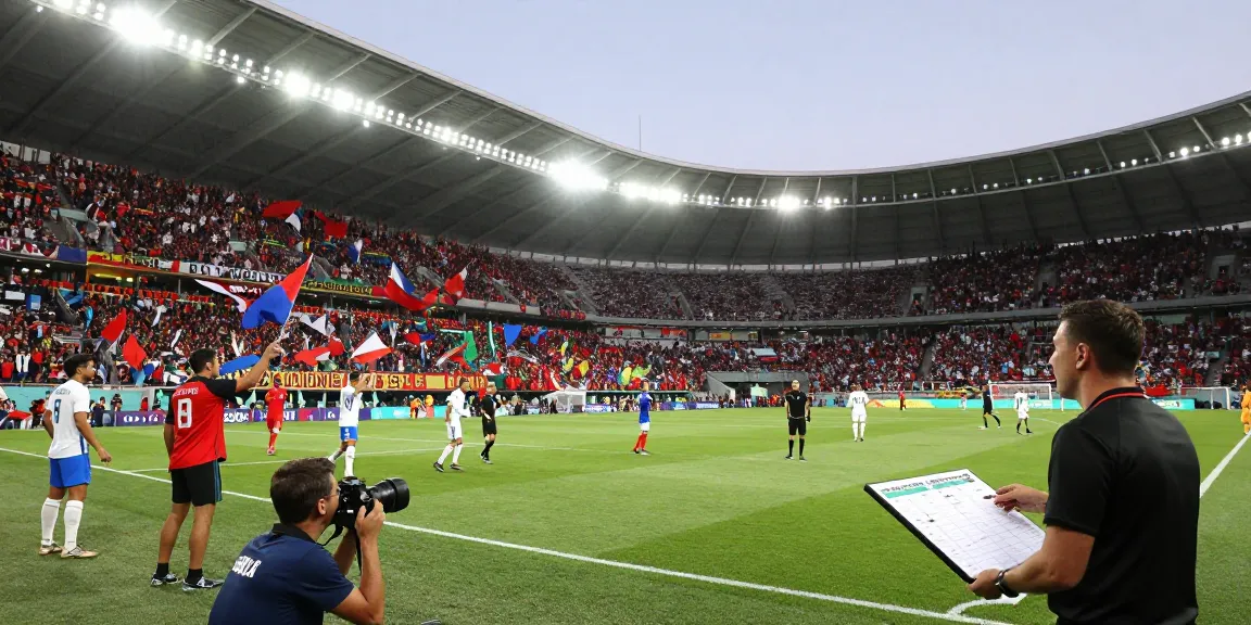 Prediksi piala dunia 2026: Suasana stadion sepak bola saat pertandingan World Cup dengan penggemar bersemangat.