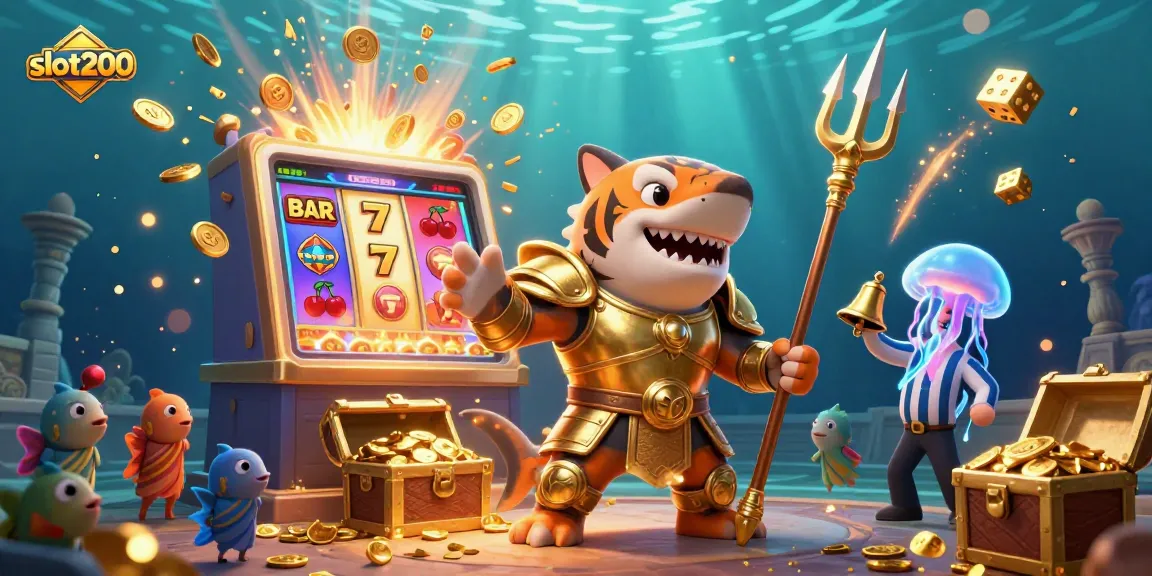 Slot200 menampilkan ilustrasi slot yang meriah dengan fitur slot, simbol, dan karakter menarik di latar belakang koloseum laut.