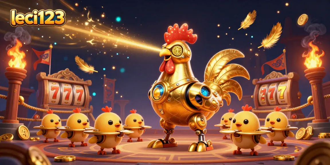 Experience the winning thrill at leci123 with a golden rooster robot and lively baby chick drones in a vibrant casino scene.