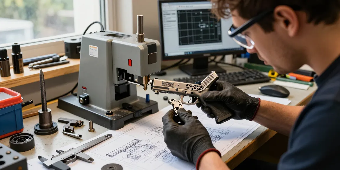 Gunsmith customizing Glock slides at https://precisionglockslides.com with precision tools and designs.