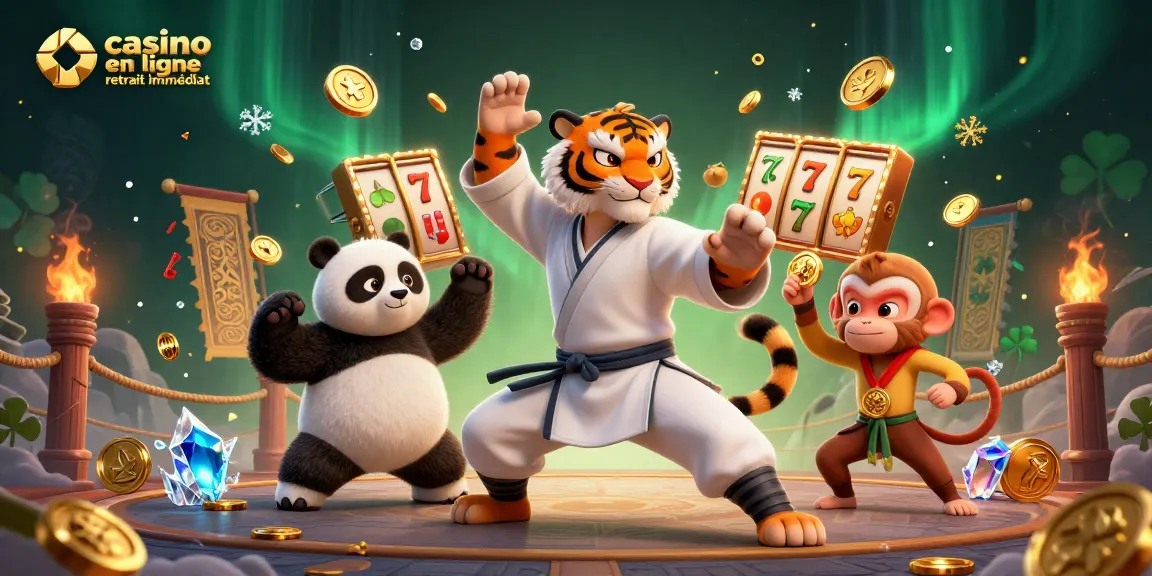 Illustration représentant le casino en ligne retrait immédiat avec un tigre kung fu et un panda dans une scène dynamique de jeu