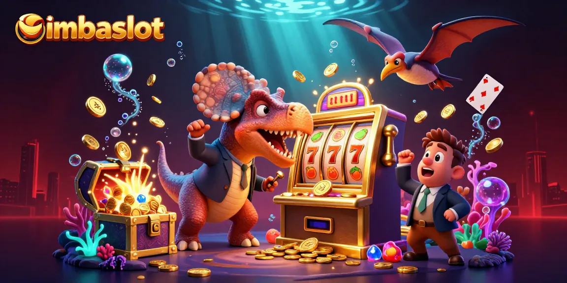 Catch jackpot coins with imbaslot in an action-packed casino scene featuring animated dinosaurs.