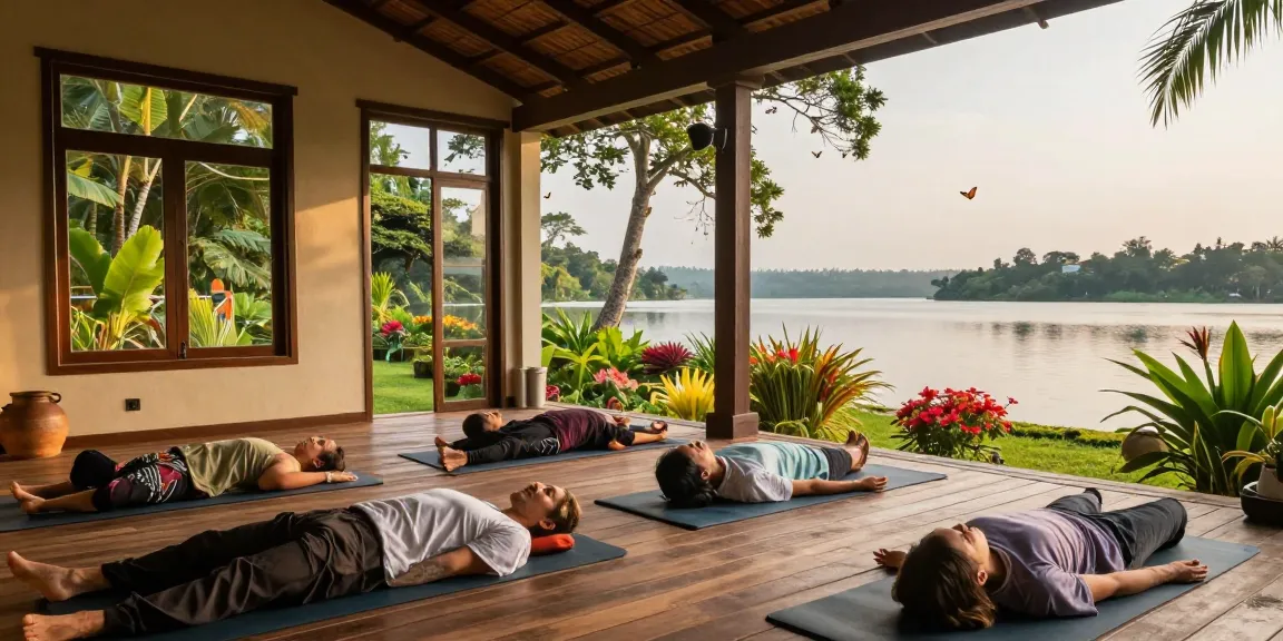 Yoga retreat venue hire Sri Lanka with serene shala overlooking Koggala Lake, vibrant gardens, and diverse practitioners.